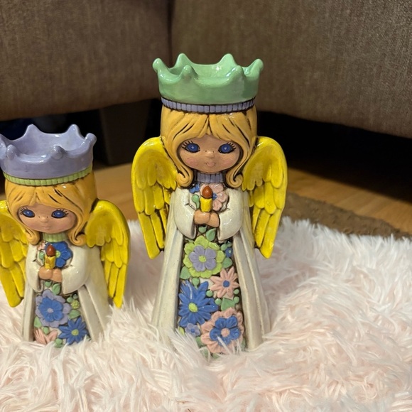 1970s Chalkware Angel Candle Holders Pair Hippie Flower Power Boho Ceramic Retro - Picture 2 of 7
